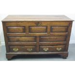 18TH CENTURY WELSH OAK MULE CHEST, having planked moulded edge, hinged top,