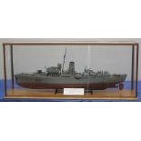 WELL MADE SCALE MODEL OF THE FLOWER CLASS CORVETTE 'HMS BLUEBELL'. Perspex case. Model 85cm