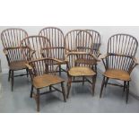 HARLEQUIN SET OF SIX 19TH CENTURY ASH AND ELM HOOP BACKED FIRESIDE ELBOW CHAIRS, all with moulded