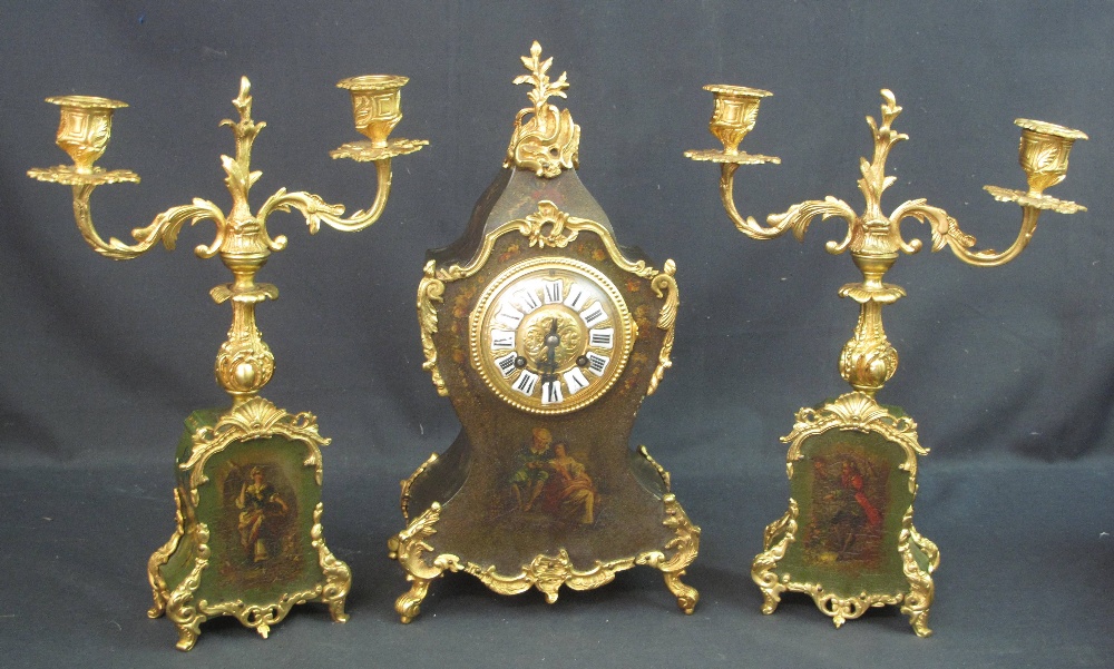 19TH CENTURY FRENCH, ORMOLU MOUNTED CLOCK GARNITURE, the balloon shaped,