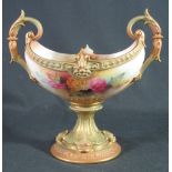 ROYAL WORCESTER PORCELAIN 'HADLEY' STYLE BOAT SHAPED, TWO HANDLED, PEDESTAL BOWL,