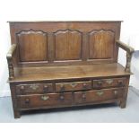 PART 18TH CENTURY OAK SETTLE constructed from the front panel and base of an 18th Century Welsh