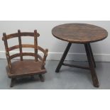 SCARCE 19TH CENTURY MIXED WOODS CHILD'S CRICKET TABLE, of circular form, on three tapering legs with