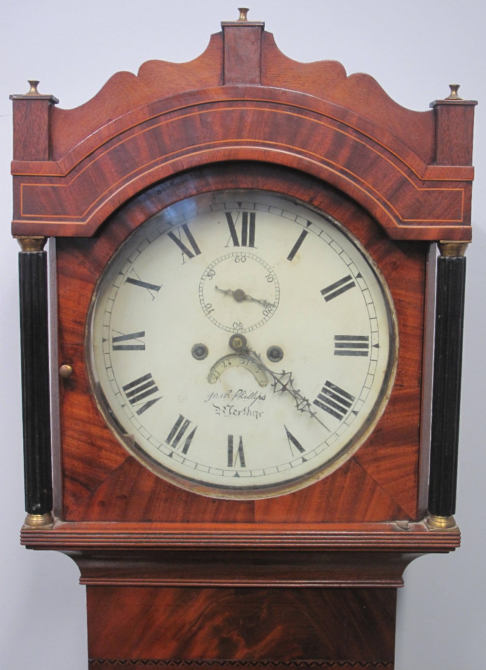 19TH CENTURY MAHOGANY EIGHT DAY LONG CASE CLOCK, having arched hood with brass finials over circular