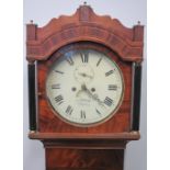 19TH CENTURY MAHOGANY EIGHT DAY LONG CASE CLOCK, having arched hood with brass finials over circular