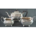 GEORGIAN DESIGN SILVER THREE PIECE, BALUSTER SHAPED, RECTANGULAR SECTION TEA SET comprising: teapot,