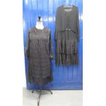 TWO BLACK SILK AND LACE VINTAGE 1920'S LONG SLEEVED FLAPPER DRESSES.
