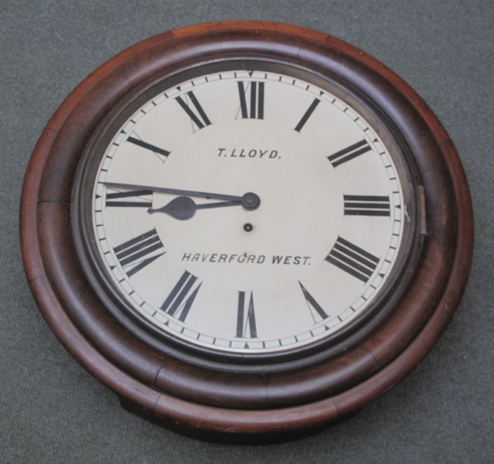 19TH CENTURY MAHOGANY CIRCULAR SCHOOL TYPE WALL CLOCK with painted Roman numeral faced marked: T.