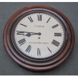 19TH CENTURY MAHOGANY CIRCULAR SCHOOL TYPE WALL CLOCK with painted Roman numeral faced marked: T.