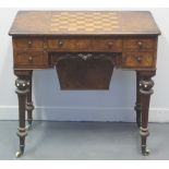 VICTORIAN WALNUT GAMES AND SEWING TABLE, having chequer board inlaid top above arrangement of five