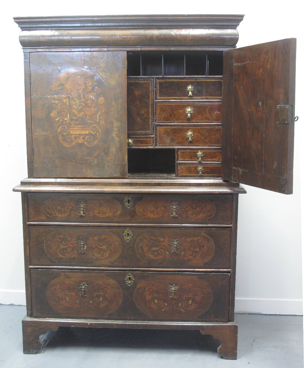18TH CENTURY WALNUT MARQUETRY INLAID TWO STAGE CABINET ON CHEST,