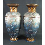 PAIR OF LARGE LATE 19TH CENTURY DOULTON LAMBETH STONEWARE BALUSTER VASES, the body on a blue