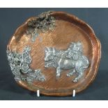 19TH CENTURY GORHAM AND COMPANY COPPER AND SILVER ORIENTAL DESIGN DISH decorated in relief with a