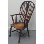 19TH CENTURY ASH AND BEECH SPLAT BACKED FIRESIDE WINDSOR TYPE ELBOW CHAIR with baluster turned