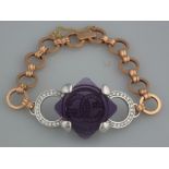 18CT YELLOW AND WHITE GOLD, DIAMOND AND AMETHYST SET DESIGNER BRACELET.