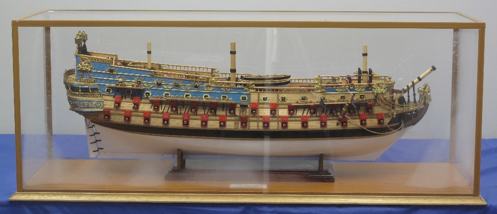 WELL MADE SCALE, HULL ONLY, MODEL OF THE SPANISH SHIP OF THE LINE, 'SAN FELIPE', 1690. Perspex case.