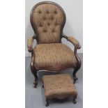 VICTORIAN WALNUT SHOW FRAMED GENTLEMAN'S FIRESIDE CHAIR,