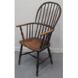 19TH CENTURY ASH AND BEECH FIRESIDE STICK BACKED ELBOW CHAIR, having baluster turned supports to the