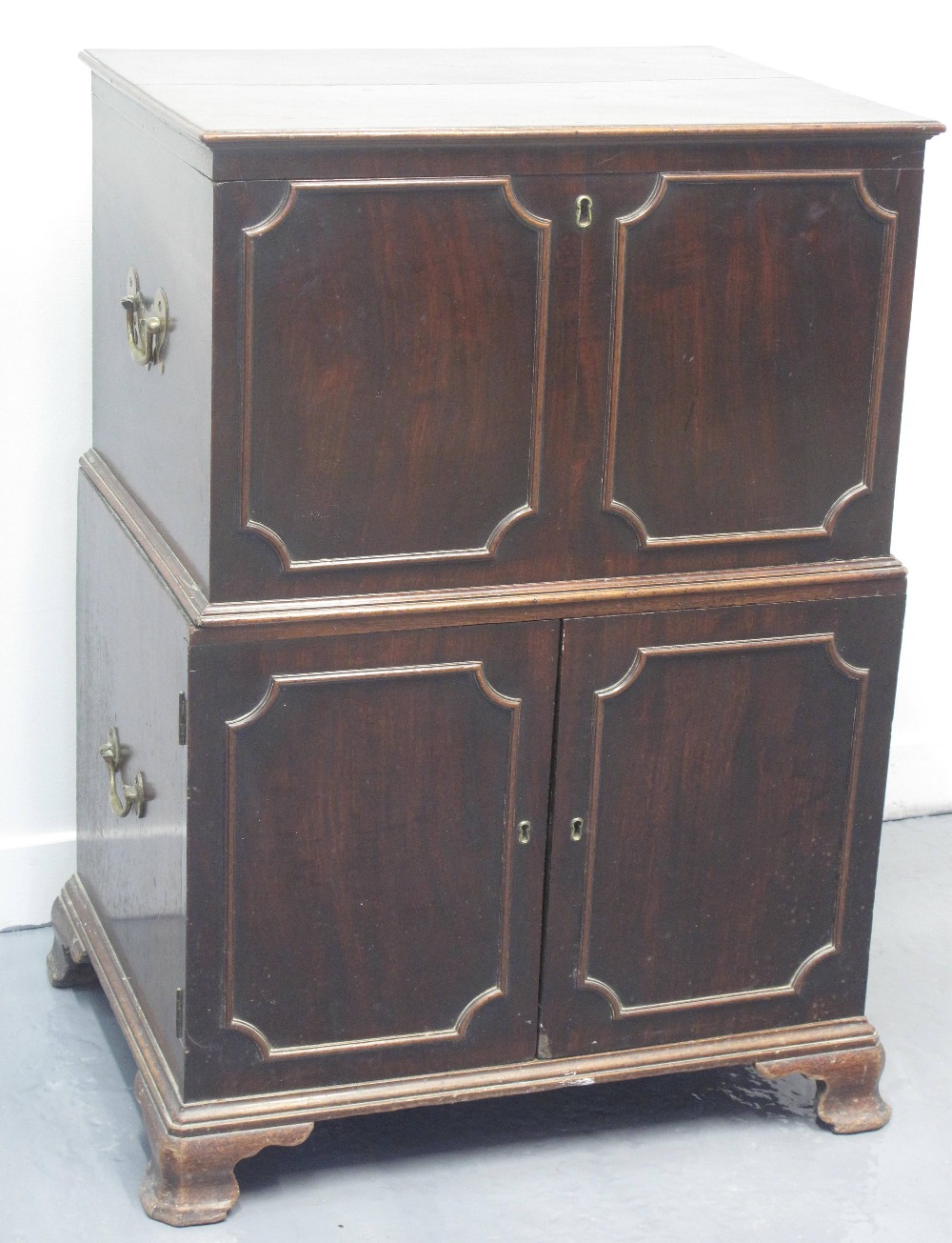 18TH CENTURY MAHOGANY TWO STAGE CHEST UPON CUPBOARD,