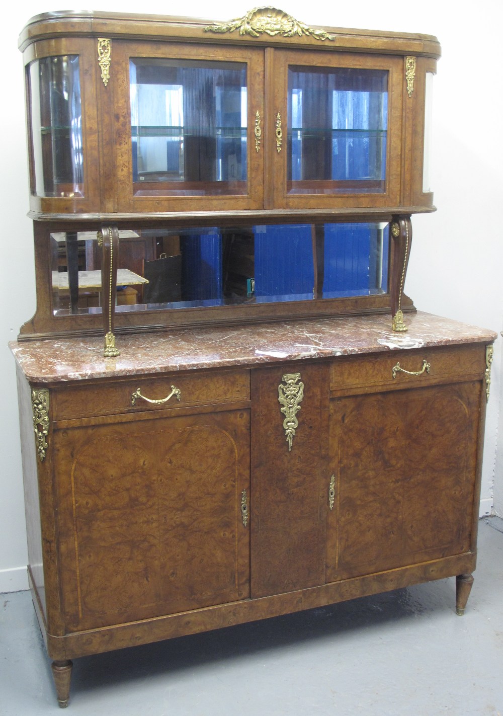 EARLY 20TH CENTURY FRENCH INLAID WALNUT TWO STAGE CREDENZA or sideboard, having glazed cabinet above