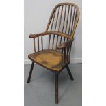 19TH CENTURY ASH, ELM AND BEECH STICK BACKED, FIRESIDE ELBOW CHAIR, with moulded seat and baluster