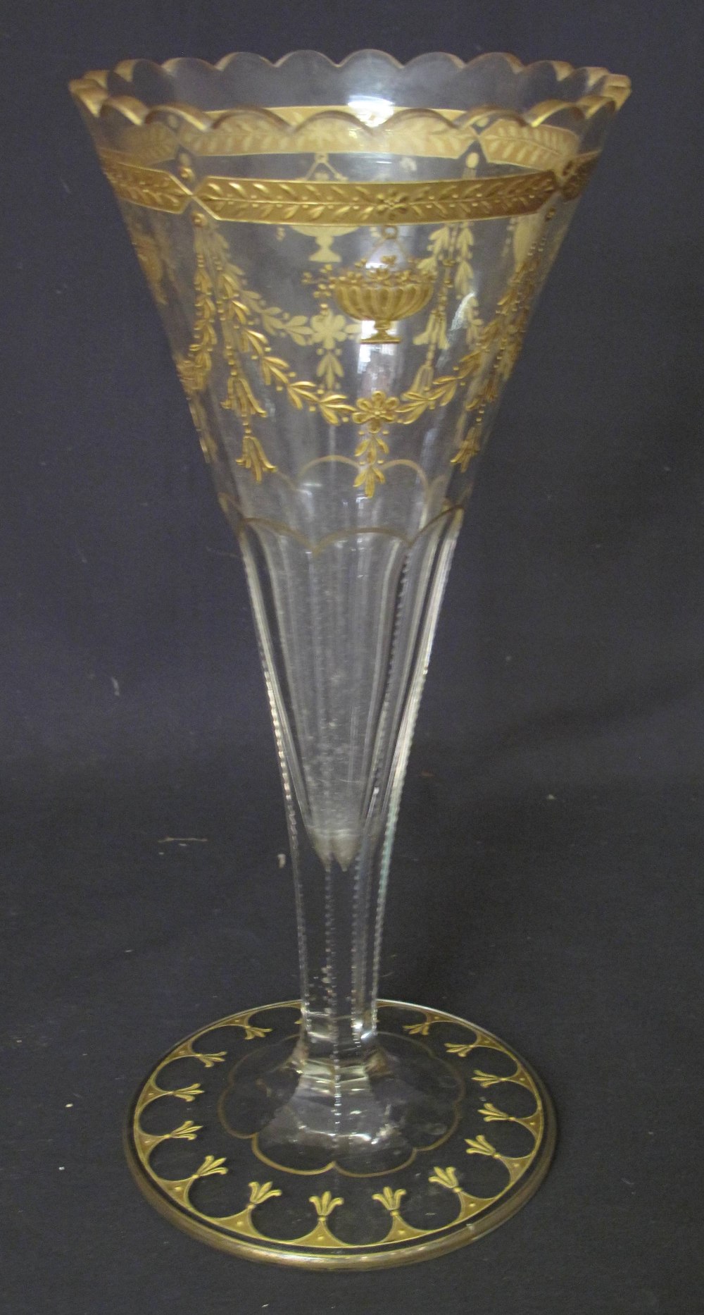 LARGE 19TH CENTURY DECORATIVE LEAD CRYSTAL GLASS FLUTE SHAPED VASE with petalled rim and slice cut,