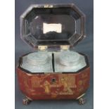 EARLY 19TH CENTURY CHINOISERIE DECORATED OCTAGONAL TEA CADDY overall decorated with gilded Chinese