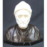 SCHUMACHER PATINATED BRONZE AND MARBLE BUST OF DANTE, his head in white veined marble,