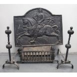 17TH CENTURY STYLE CAST IRON FIRE BACK, depicting a cavalier on galloping horse, dated: 1649 and