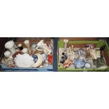 Two trays of assorted china and pottery to include: Staffordshire 'Newhall' creamware pierced dish;