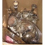 Box of assorted metalware to include: silver plated pierced cake basket; candlesticks;
