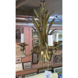 Bronze finish, three section candelabrum light fitting with wheat bouquet decoration. (B.P.