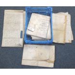 Tray of assorted hand written 18th Century and later documents to include mortgage deeds indentures