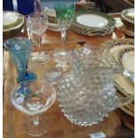 Tray of assorted glass to include: Dimple design water jug; coloured drinking vessels;
