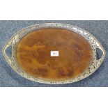 Silver pierced oval two handled tray with wooden base, stamped: 925. (B.P. 24% incl.