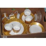 Modern part coffee and dinner service on a white ground with yellow banding and gilt decoration,