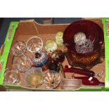 Tray of assorted glassware to include: large ruby glass fruit bowl; specimen vases;