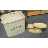 Enamelled metal bread bin and cover, together with a set of cream,