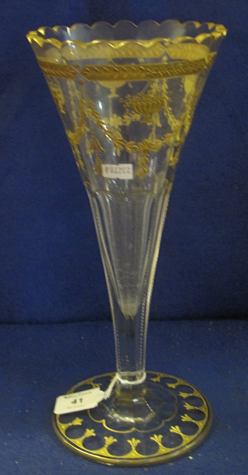 Large 19th Century decorative lead crystal glass flute shaped vase with petalled rim and slice cut,