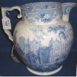 Large Staffordshire Pottery baluster shaped jug with transfer printed ruined abbey decoration,