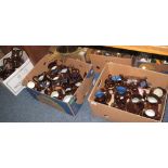 Three boxes of assorted Victorian and other copper lustre dresser jugs; straight sided coffee cans;