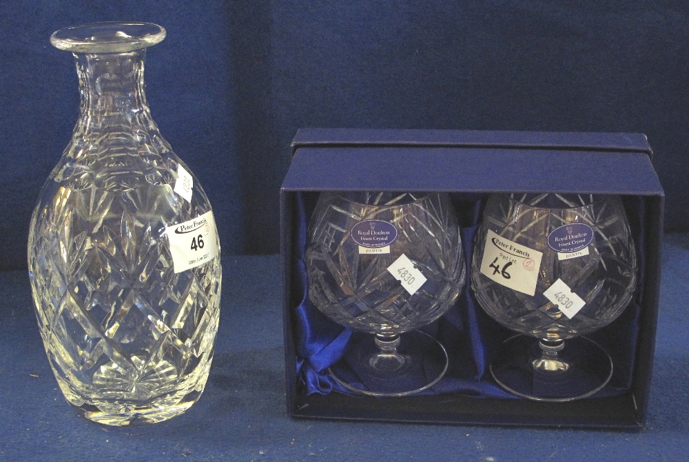 Pair of Royal Doulton cut lead crystal glass brandy balloons, together with a similar star cut,