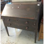 19th Century stained pine fall front bureau having two drawers on square tapering legs. (B.P.