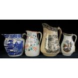 Four assorted 19th Century and later dresser jugs to include: blue and white; floral personalised;