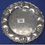 Silver engraved, circular, shallow tray, Sheffield hallmarks with maker's initials: J.R.