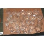 Tray of assorted drinking vessels comprising: etched liqueur glasses; tumblers etc. (B.P. 24% incl.