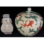 20th Century porcelain Chinese pot and cover decorated with fish, together with two handled,