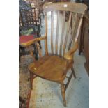 Ash and elm slat back open arm farmhouse kitchen armchair. (B.P. 24% incl.