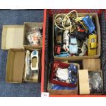 Box of assorted model vehicles, some in kit form, others made, mostly unboxed,