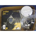 Box of assorted items to include: unopened poker set,